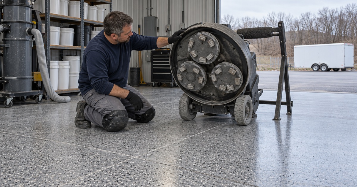 A crew member changing diamond tooling on a planetary grinder tipped back on its wheels in the coated shop of a Dubuque floor crew.