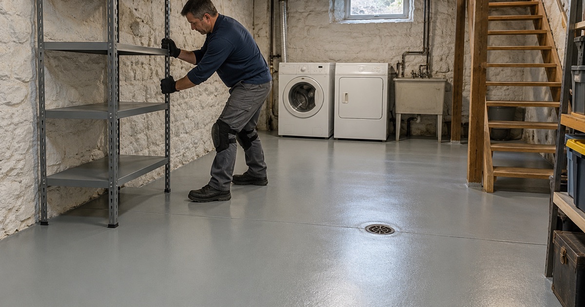A shelving unit slid back onto a new light gray epoxy floor in the basement of an older Dubuque brick house, the floor drain left open.