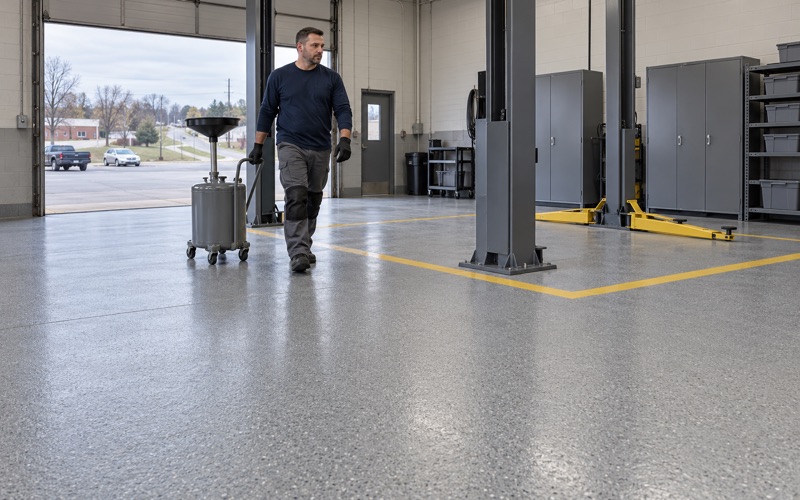 An oil drain caddy rolled across a new quartz-textured epoxy floor in a Dubuque auto service bay, the vehicle lift bolted to the slab.