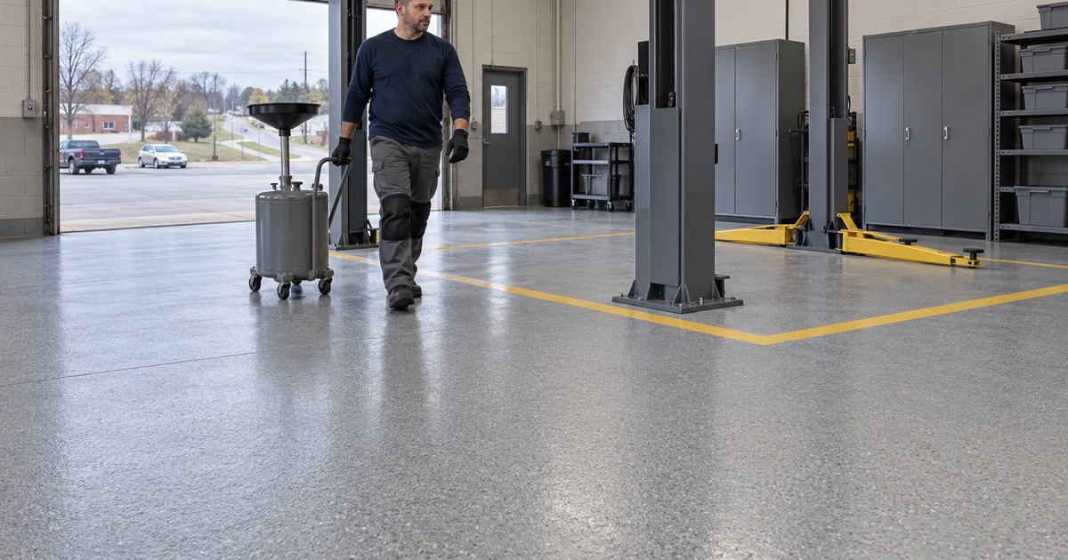 An oil drain caddy rolled across a new quartz-textured epoxy floor in a Dubuque auto service bay, the vehicle lift bolted to the slab.
