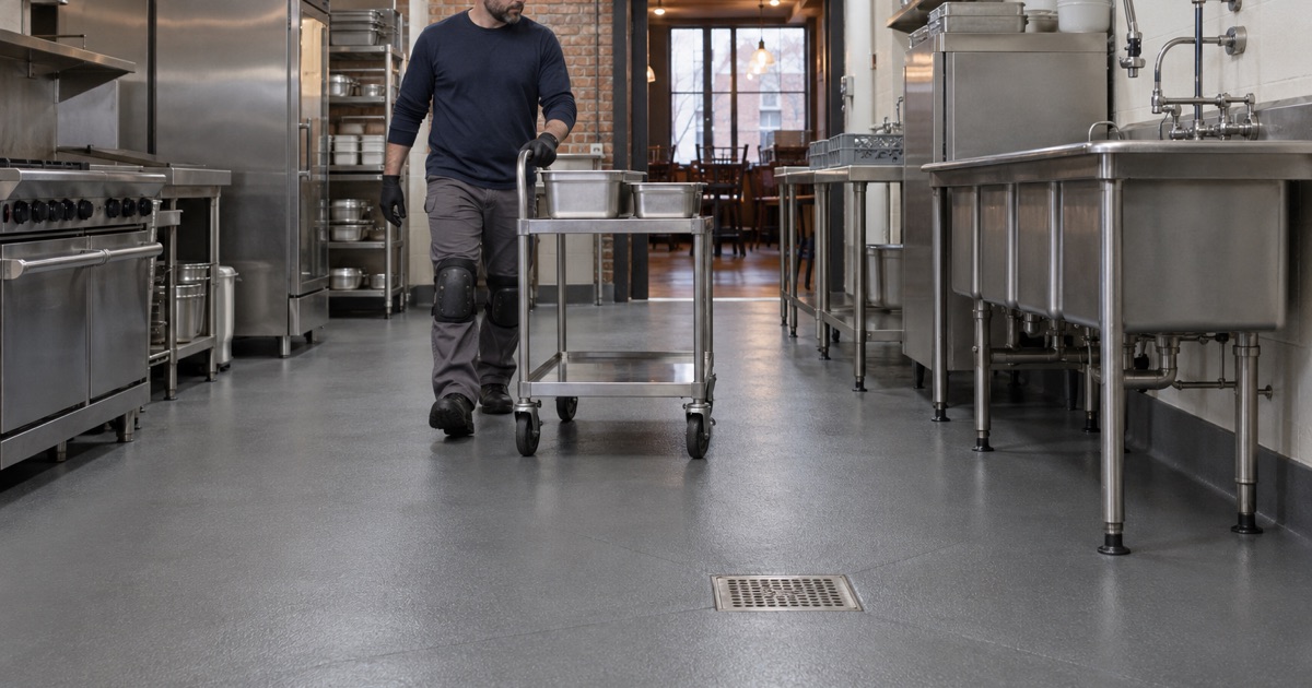 A stainless utility cart rolled across a new urethane cement kitchen floor with a coved base and floor drain in a Dubuque restaurant.