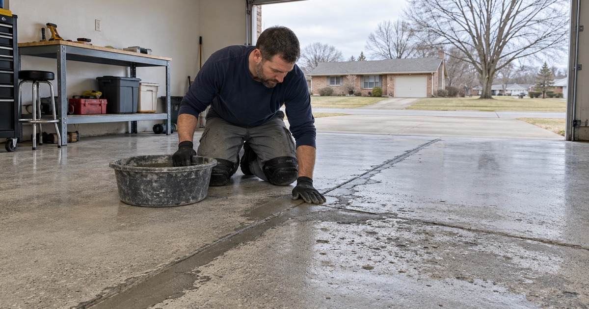Salt-spalled joints and a pitted strip of a Dubuque garage slab patched flush with repair mortar, ready to grind before coating.