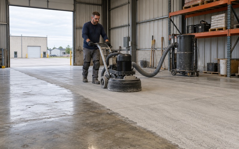 A walk-behind planetary grinder opening up a sealed shop slab in a Dubuque industrial park, the ground lane beside the old surface.
