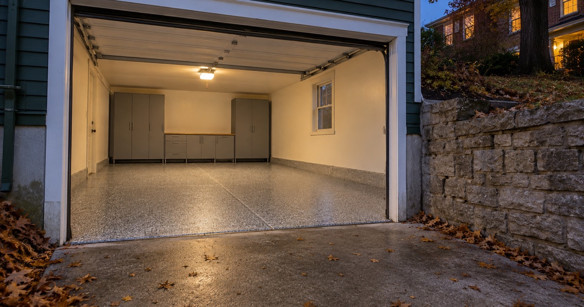 A finished gray and white flake floor glowing in the open garage of an older Dubuque hillside house at dusk, a limestone wall beside the drive.