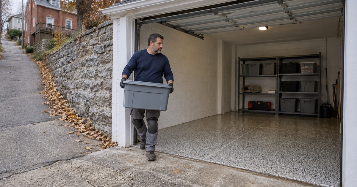 A finished gray, tan and black flake floor in a detached garage set into a Dubuque bluff hillside, a storage tote being carried back inside.