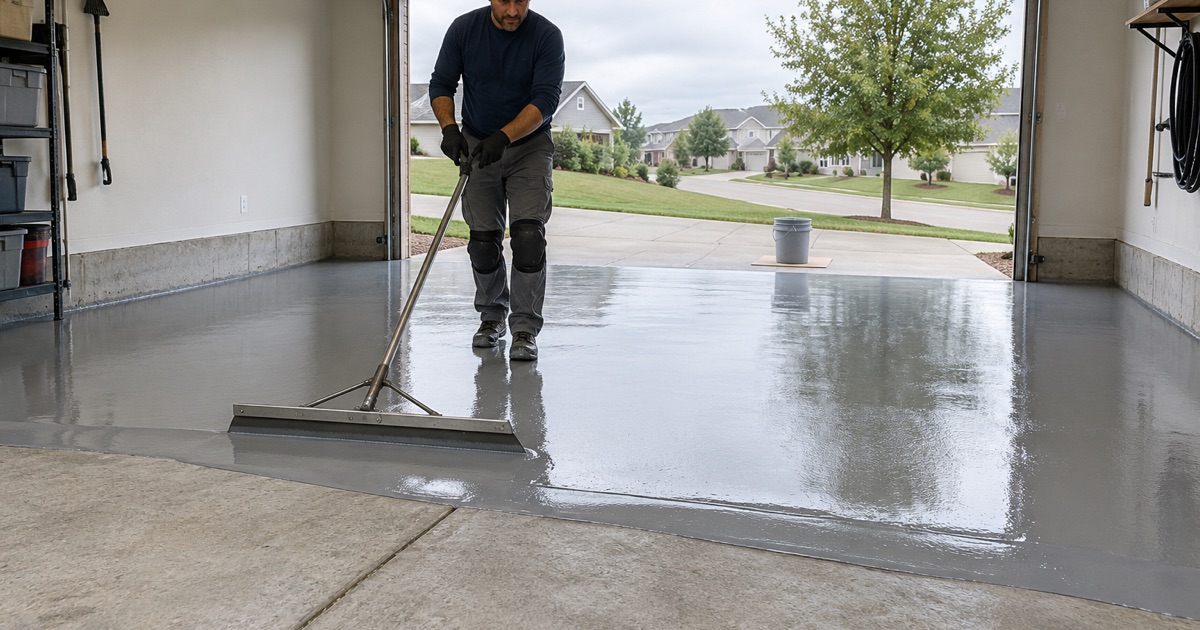 A gray epoxy base coat being spread across the ground slab of a two-car garage in a newer Dubuque subdivision.