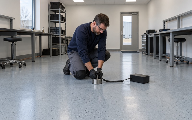 A resistance test electrode resting on a new static-dissipative floor in a Dubuque electronics workroom, the grounding strip at the wall.