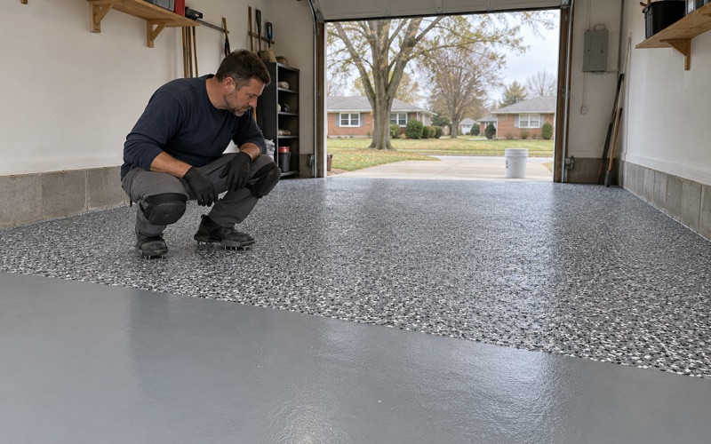 Dense gray and black flake settled on the base coat in a Dubuque ranch house garage, the worker checking coverage at the working edge.