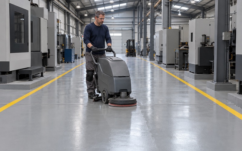 A walk-behind scrubber cleaning a gray industrial epoxy floor between machine tools in a Dubuque manufacturing plant.