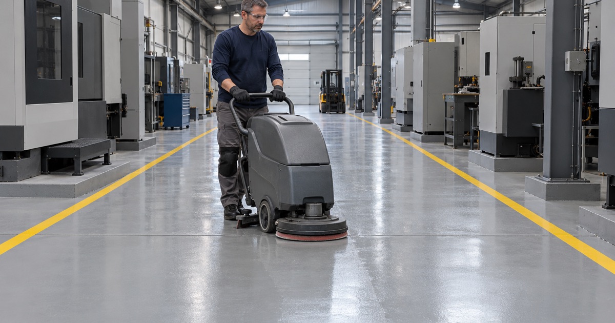 A walk-behind scrubber cleaning a gray industrial epoxy floor between machine tools in a Dubuque manufacturing plant.