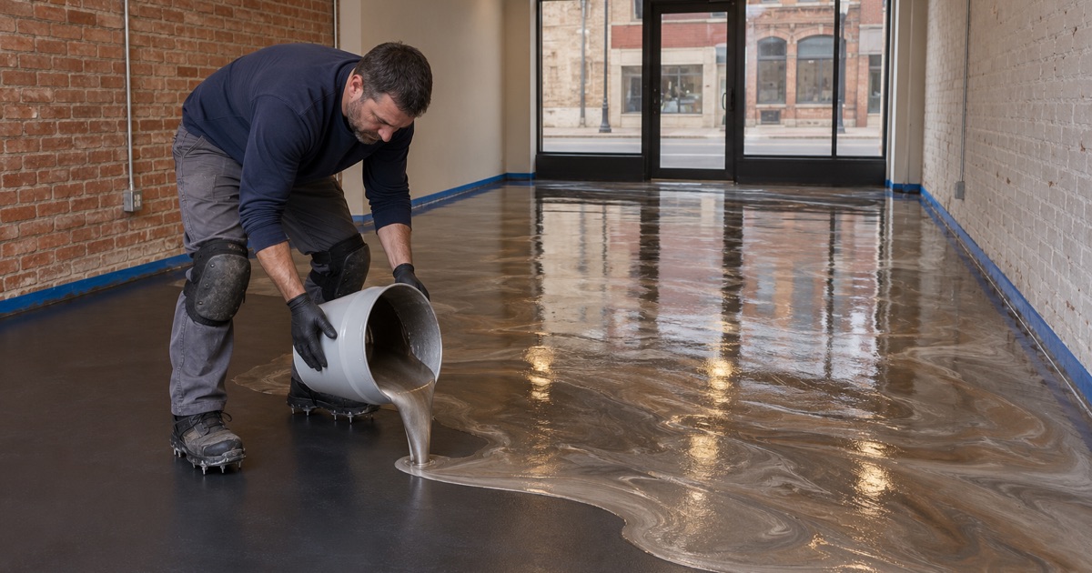 Pearl and bronze metallic epoxy being poured onto a dark base coat in a small Dubuque main-street shop, the pigment swirling as it spreads.