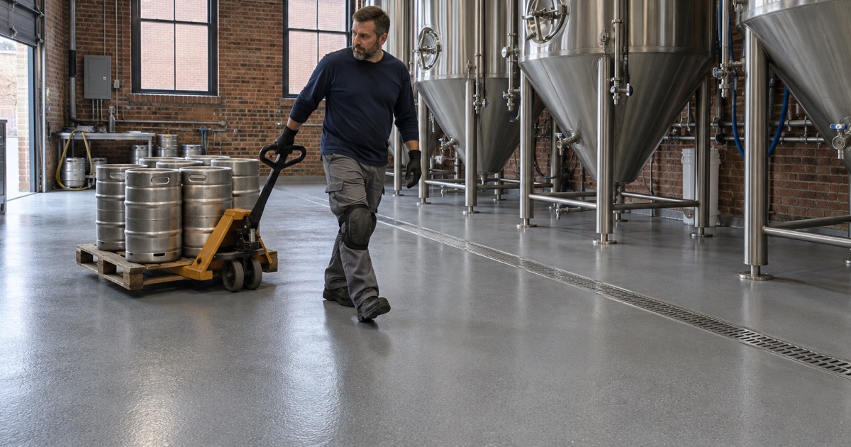 A pallet of kegs moved across the coated production floor of a brewery in an old Dubuque brick building, the trench drain beside the fermenters.