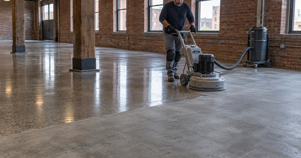 A planetary polisher bringing up the shine on an old concrete floor in a converted Dubuque brick warehouse, the finished half reflecting the windows.
