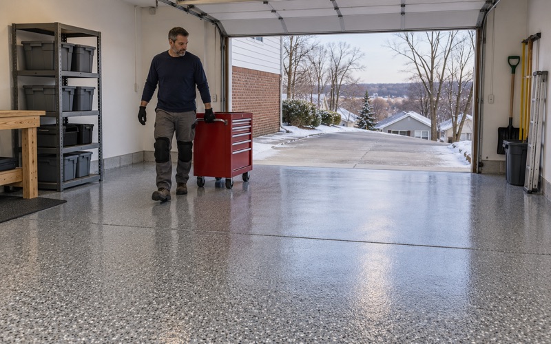 A rolling tool chest wheeled back onto a same-day polyaspartic flake floor in a Dubuque split-level garage on a cold winter afternoon.
