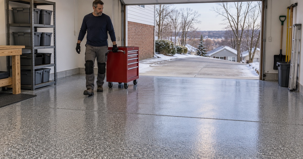 A rolling tool chest wheeled back onto a same-day polyaspartic flake floor in a Dubuque split-level garage on a cold winter afternoon.