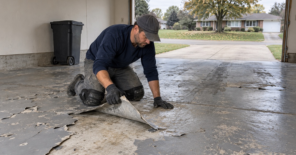 A sheet of old peeling garage-floor paint being lifted off a Dubuque ranch house slab on the first day of a floor job, before any grinding.